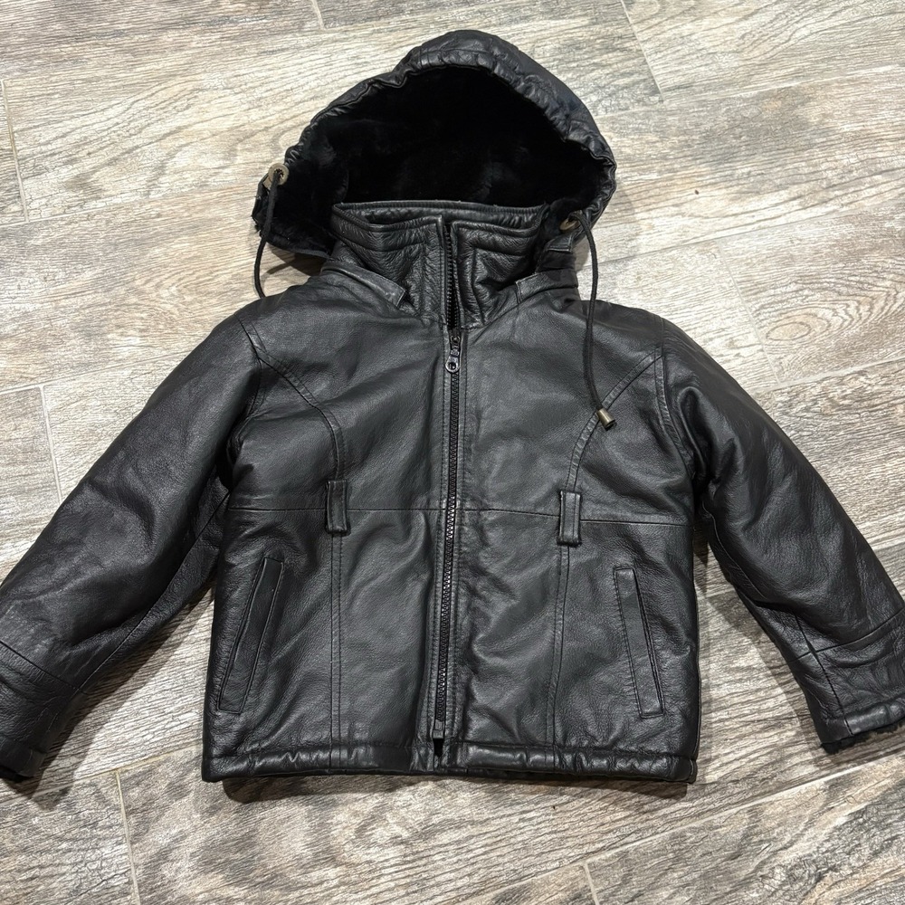 Vintage 90s Pelle Moda Girls Leather Jacket Full Zip Faux Fur Lined Black Sz S